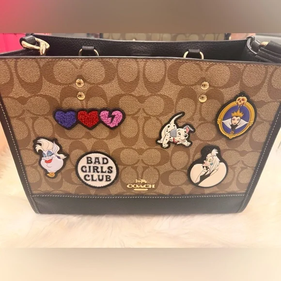 Coach x Disney Brown Signature Tote with Black Trim and Disney Patch Accents - Picture 1 of 12